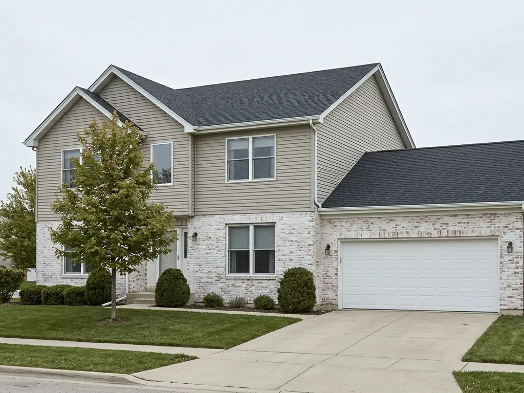 Suburban two-story house near Naperville, IL with a limewashed brick front and vinyl siding above