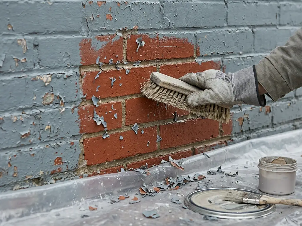 Old paint being scrubbed off red brick near Aurora, IL before a lime finish can go on