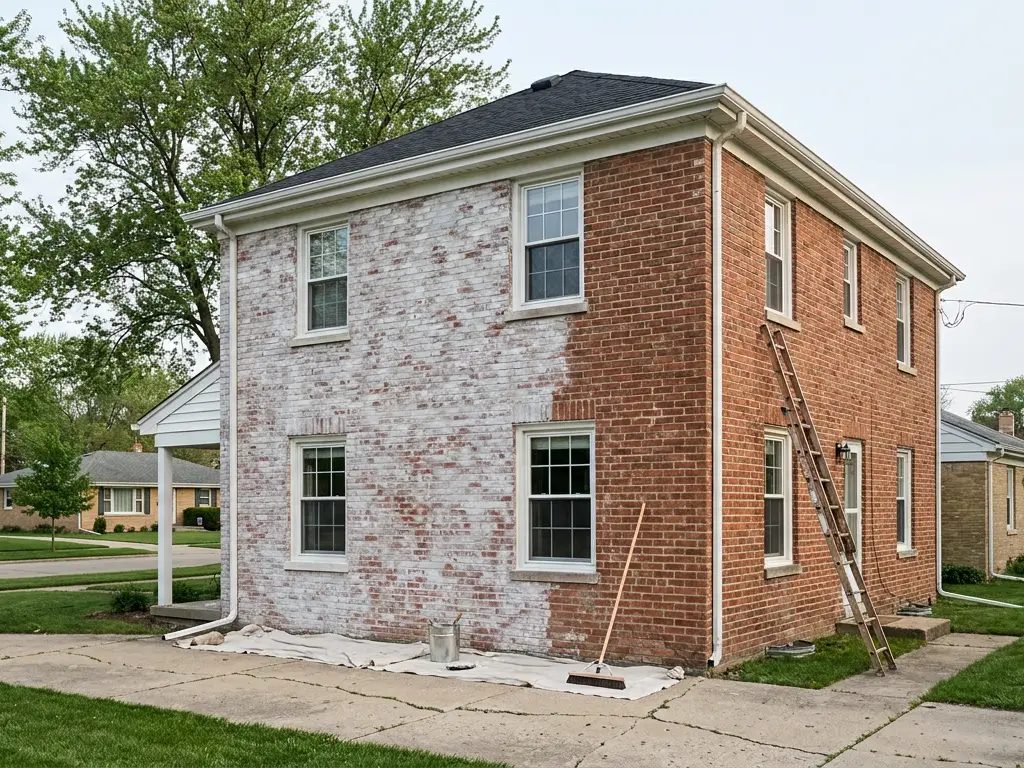 Brick house in Aurora, IL half limewashed white, the other side still bare red brick