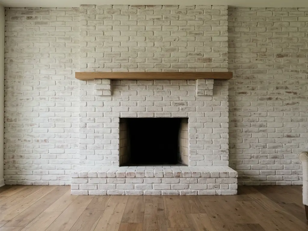Limewashed brick fireplace with an oak mantel in a home in Warrenville, IL