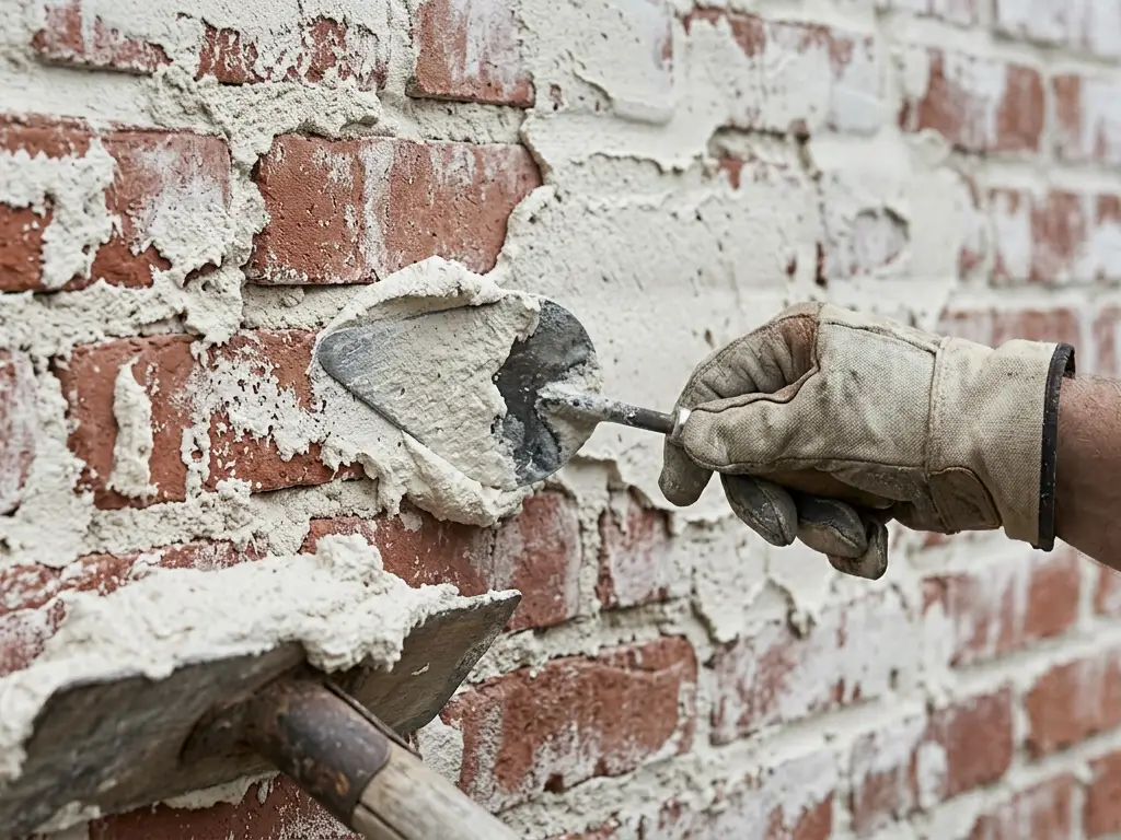 Mortar being troweled over red brick for a German smear finish on a house near Aurora, IL