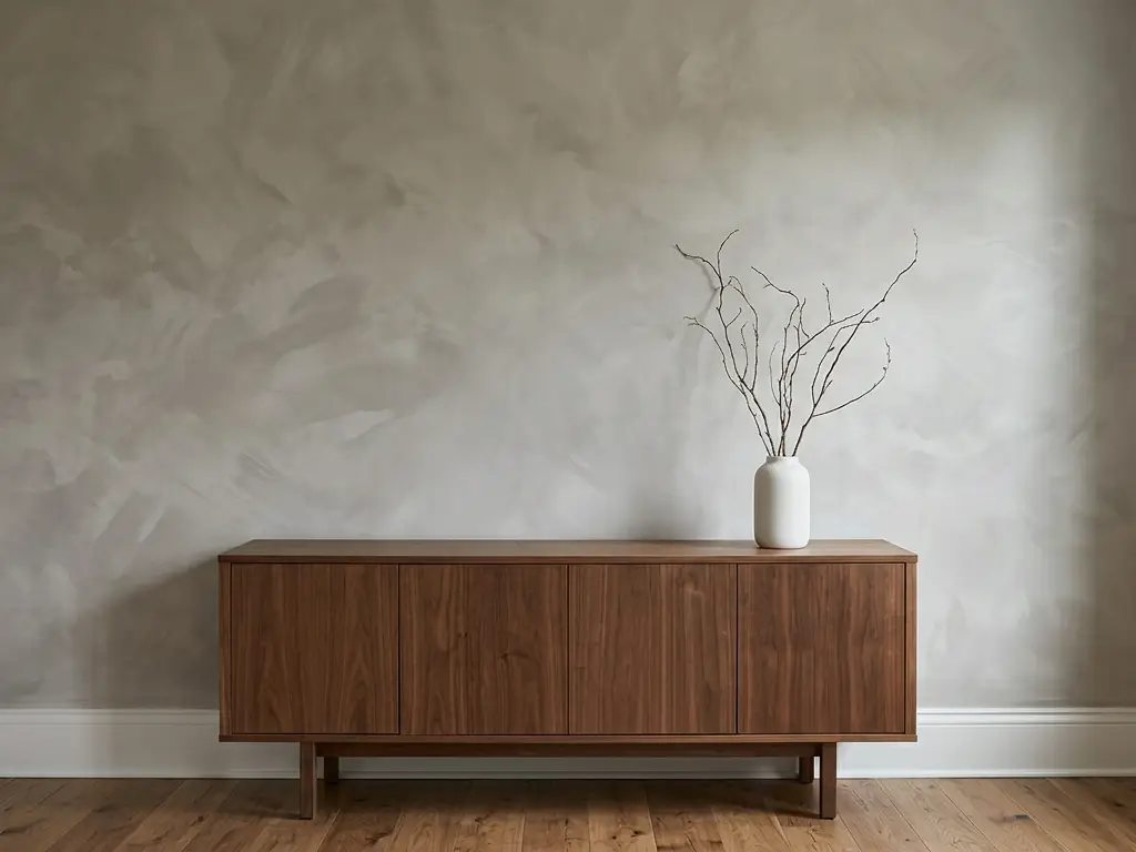 Dining room wall in an Aurora, IL home finished in cloudy warm-grey limewash above a walnut sideboard
