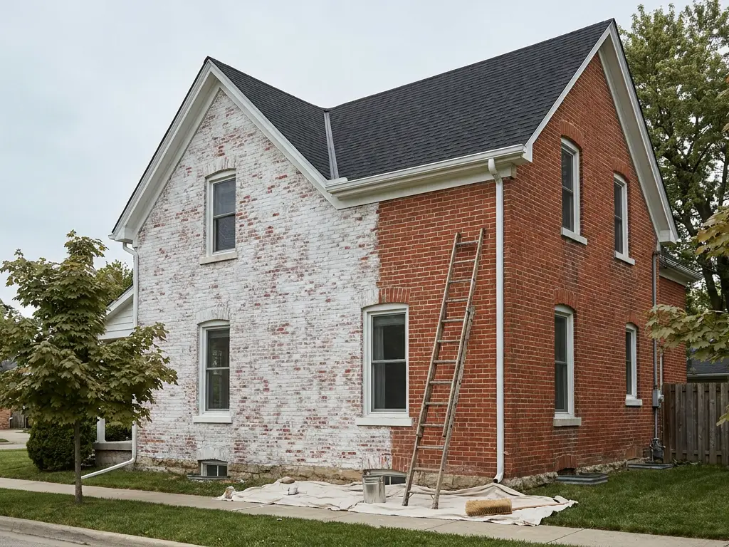 Two-story red brick house in Aurora, IL, half its facade finished in chalk-white limewash and half still bare brick, with a ladder and drop cloth beside it