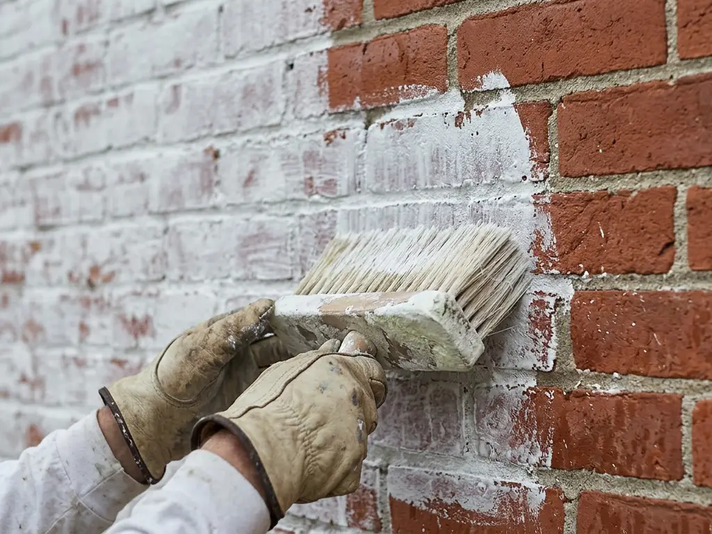 Gloved hands brushing chalk-white limewash onto damp red brick on a house in Aurora, IL, bare brick still showing beyond the brush