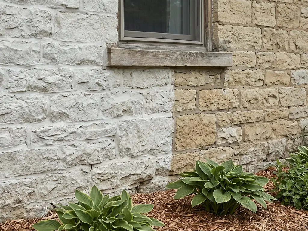 Rough-cut limestone wall of an older Fox Valley house near Geneva, IL, half washed in translucent lime white