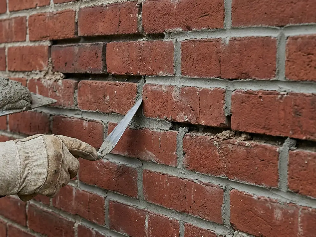 Close view of an old red brick wall in Aurora, IL with some mortar joints freshly repointed and some still open